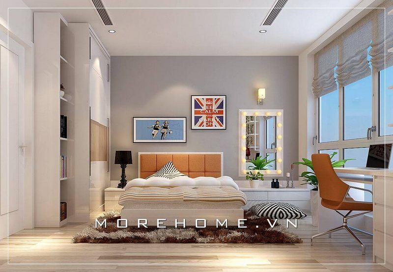Giường ngủ hiện đại với chất liệu gỗ công nghiệp chất lượng, đầu giường bọc nỉ nhung màu cam tạo điểm nhấn ấn tượng và ấm áp cho cả không gian phòng ngủ